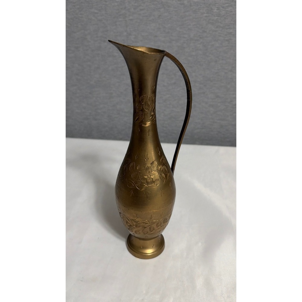 Vintage Etched Brass Pitcher Bud Vase Floral Hand Engraved Decorative India